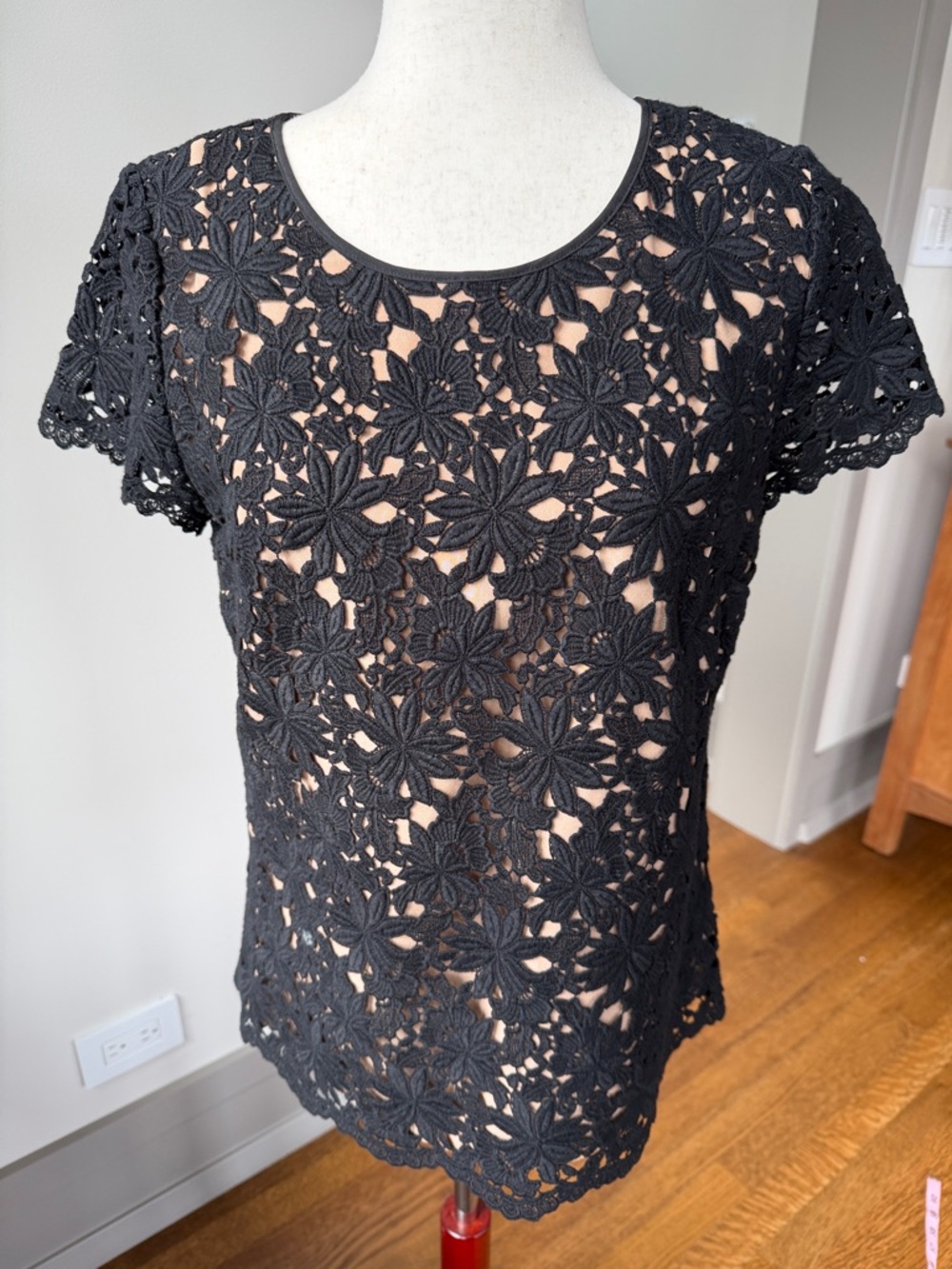 Talbots Black Floral Crochet Short Sleeve Blouse